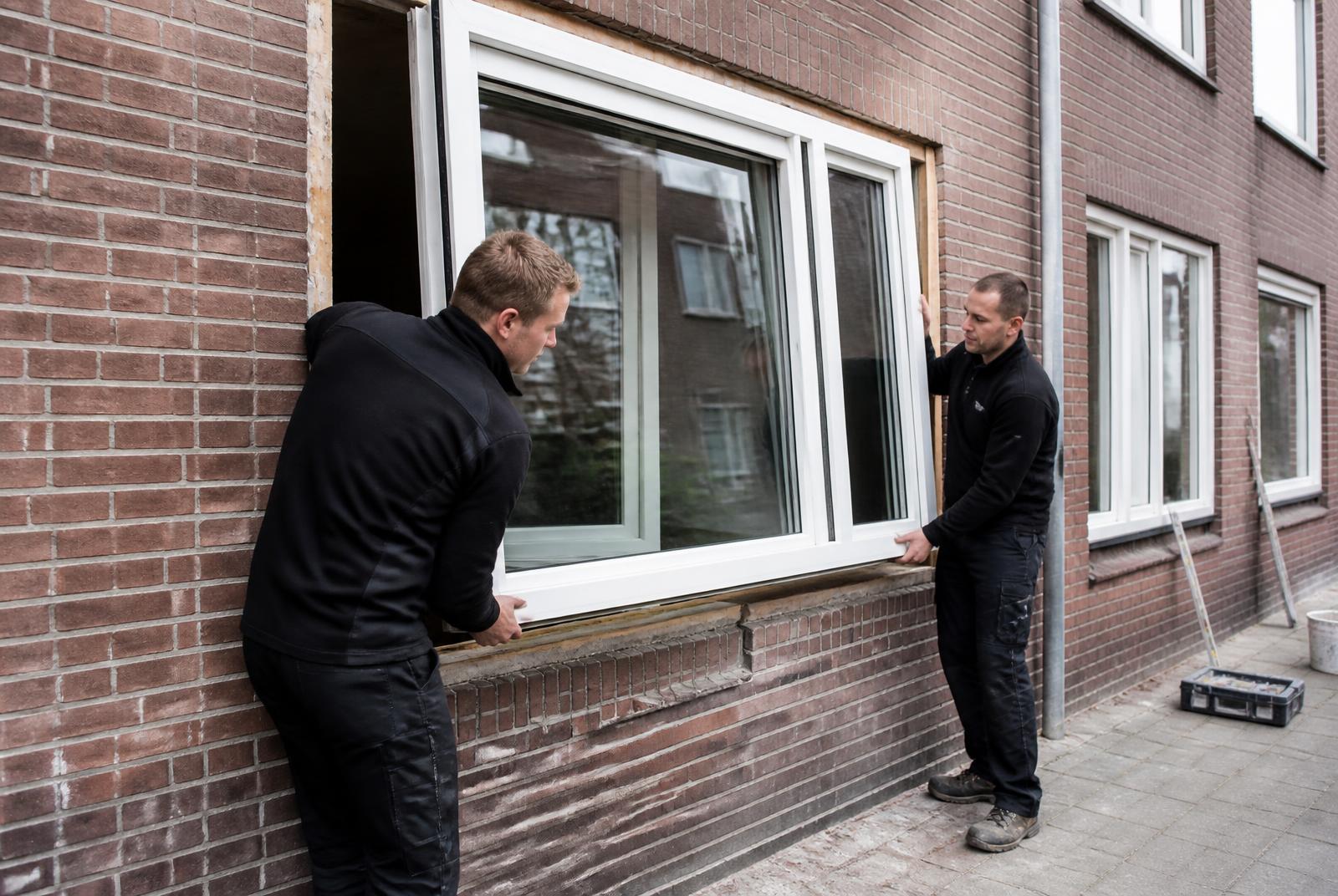 Monteurs die een kunststof kozijn stellen